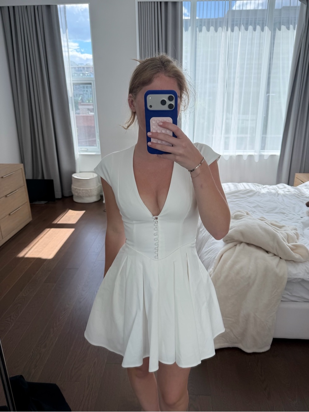 Meshki White Deep V Button-Front Mini Dress